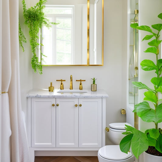 A chic small bathroom featuring a sleek white vanity with gold fixtures, surrounded by lush greenery, soft lighting, and elegant decor, showcasing space-saving storage and a minimalist aesthetic.