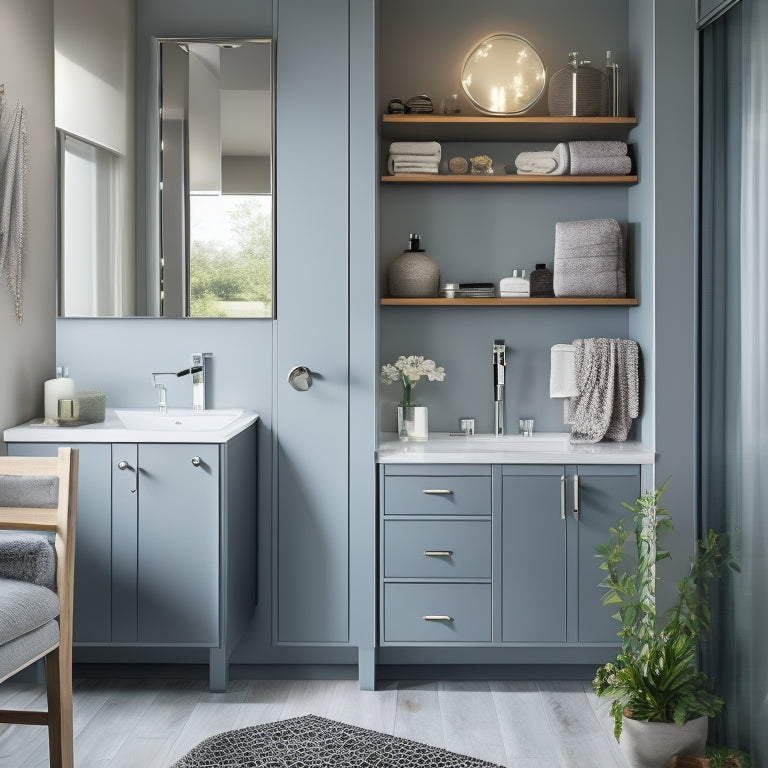 A modern bathroom with a wall-mounted cabinet featuring sleek, mirrored doors, multiple shelves, and a soft-close drawer, surrounded by a tidy countertop and a few decorative accessories.