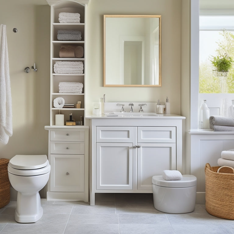 A serene white bathroom with 10 distinct storage units, each with a unique design, size, and style, showcasing organized toiletries, towels, and decorative elements against a soft, creamy background.