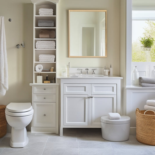 A serene white bathroom with 10 distinct storage units, each with a unique design, size, and style, showcasing organized toiletries, towels, and decorative elements against a soft, creamy background.