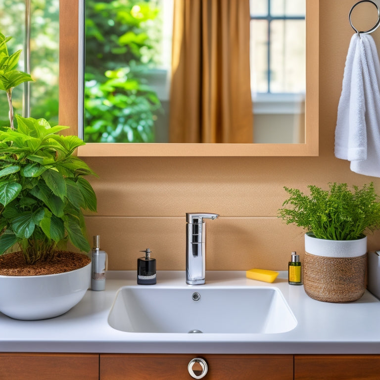 A clutter-free bathroom countertop with a sleek, modern sink and faucet, featuring a digital tablet mounted on the wall, surrounded by neatly organized toiletries and a few decorative plants.