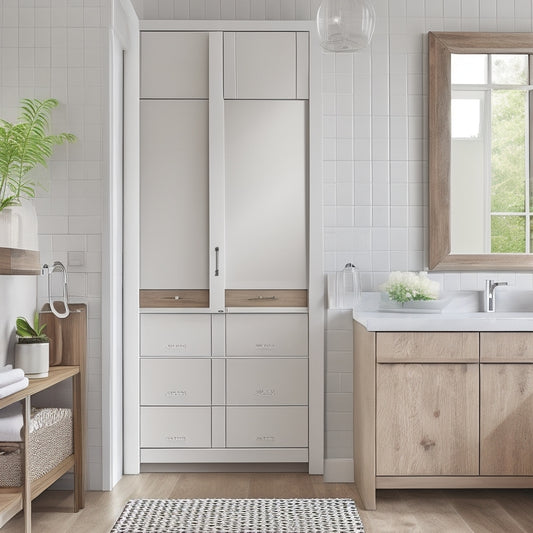 A clutter-free bathroom with a wall-mounted wooden cabinet featuring sliding doors, above a sleek white sink with a built-in storage tray, surrounded by minimalist decorative accents.