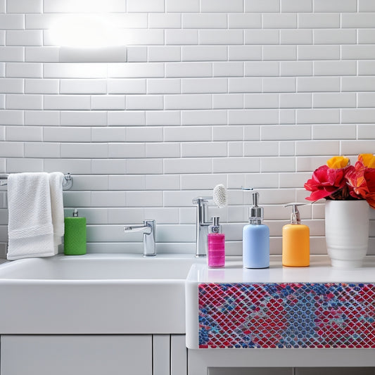 A colorful, well-lit bathroom countertop with a few strategically placed kid-friendly items, such as a small step stool, a fun-shaped soap dispenser, and a kid-sized toothbrush holder, amidst a subtle background of soft, white tiles.