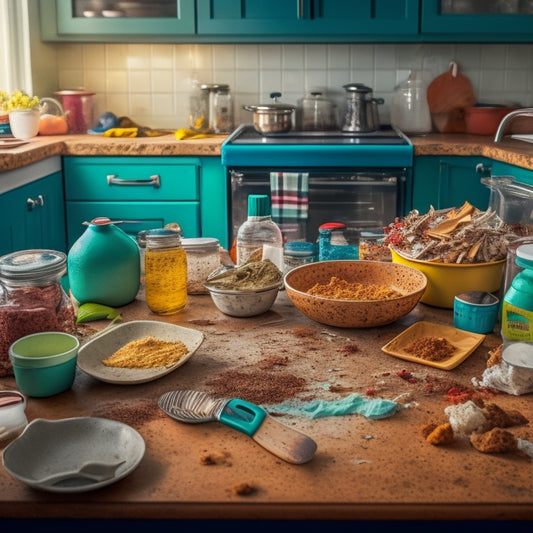 A messy kitchen countertop with piles of dirty dishes, scattered kitchen gadgets, and expired food containers, surrounded by crumbs, spills, and stains, with a faint outline of a stressed person in the background.