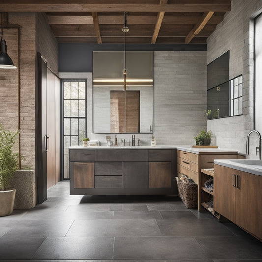 A sleek, modern industrial bathroom with polished concrete floors, exposed ductwork, and a custom cabinetry solution featuring reclaimed wood, metal accents, and sleek hardware.