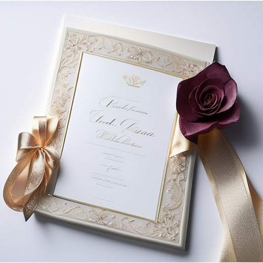 A stylized, modern wedding invitation with a subtle knot pattern in the background, featuring a elegant scroll with a delicate golden ribbon tied in a bow, surrounded by scattered rose petals.