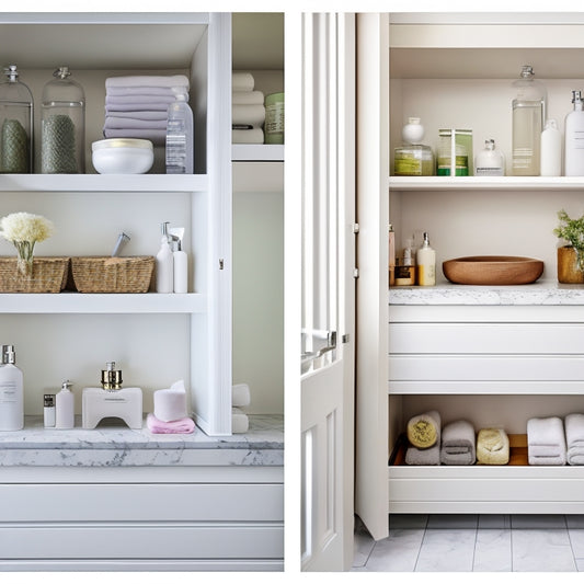 A before-and-after split-screen image: a cluttered bathroom cabinet with toiletries and towels spilling out, contrasted with a tidy, organized cabinet featuring a soft-close drawer, glass shelves, and a serene white background.