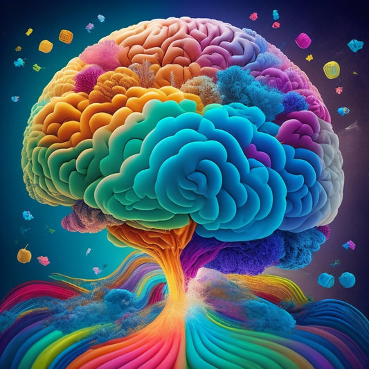 A vibrant illustration of a human brain surrounded by swirling clouds of colorful notes, arrows, and abstract shapes, radiating from the center in a dynamic, explosive pattern.