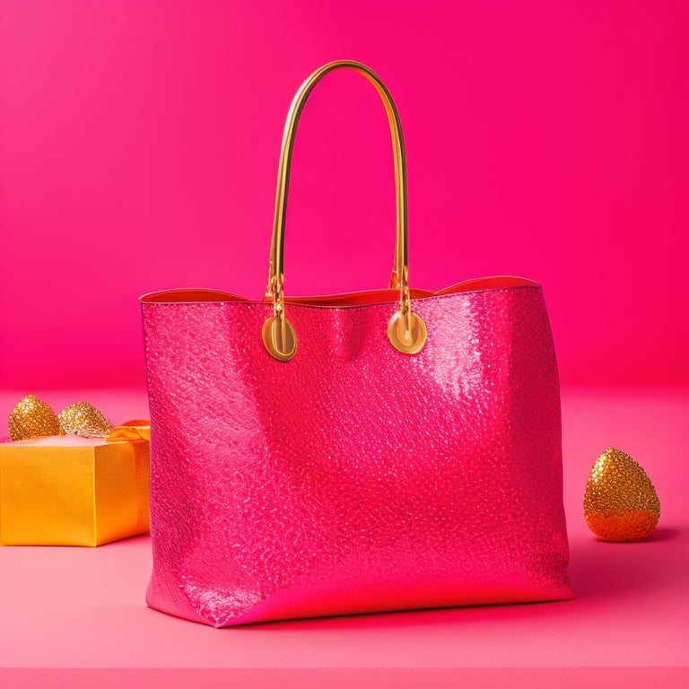 A close-up shot of a large, bright red tote bag with gold-tone hardware and a structured shape, surrounded by scattered shopping bags and confetti, against a pastel pink background.