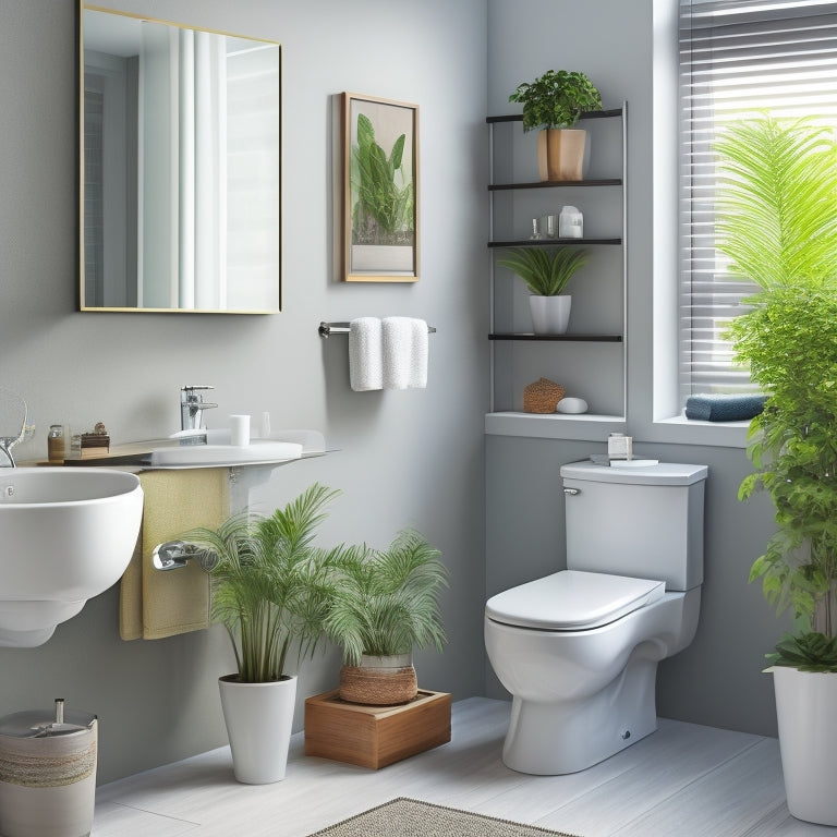 Generate an image of a modern bathroom with a wall-mounted, adjustable over-the-toilet shelf in a polished chrome finish, holding a potted plant, toiletries, and a rolled towel.