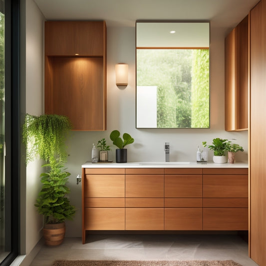 A sleek, minimalist bathroom featuring modern cabinets with seamless designs, showcasing hidden storage compartments. Soft ambient lighting highlights the elegant wood finishes, while lush greenery adds a touch of tranquility to the space.