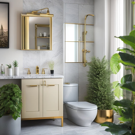 A chic luxury bathroom featuring elegant over-the-toilet shelving, adorned with plush towels, decorative plants, and sleek toiletries. Soft, ambient lighting highlights the modern fixtures and polished marble surfaces, creating a serene atmosphere.