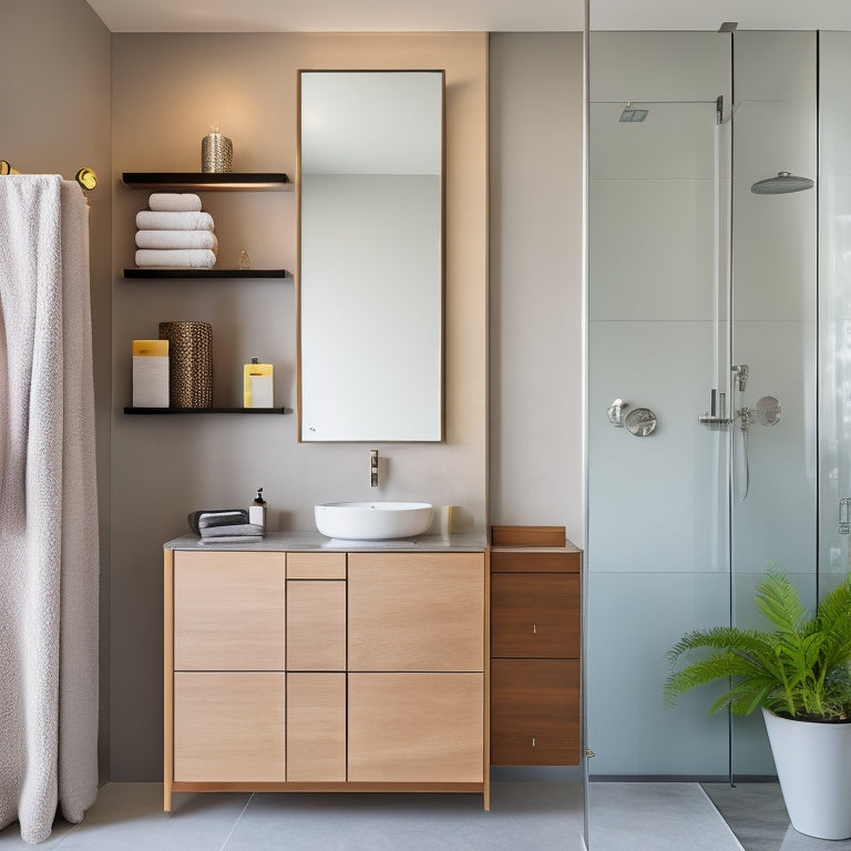 A sleek, modern bathroom featuring a wall-mounted cabinet with open shelving, filled with neatly arranged towels and toiletries, surrounded by minimalist decor, warm lighting, and a stylish mirror reflecting a spacious ambiance.