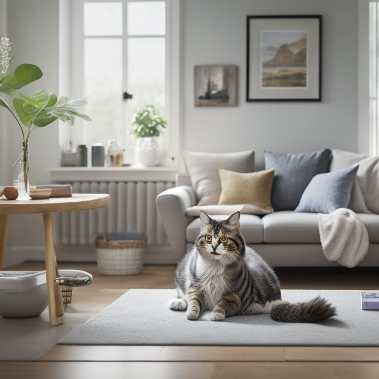 A tidy, minimalist home interior with a few strategically placed cleaning supplies, a happy cat lounging on a couch, and a subtle tablet or smartphone in the background displaying a checklist.