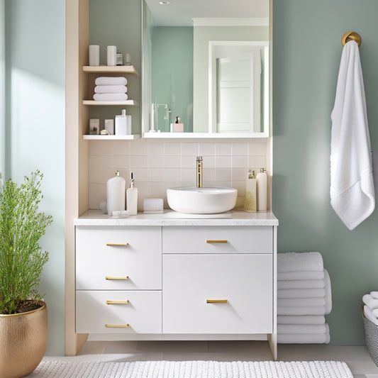 A bright, modern bathroom with a sleek, wall-mounted sink and a sliding drawer underneath, filled with neatly organized toiletries, towels, and skincare products, amidst a calming, neutral-colored backdrop.