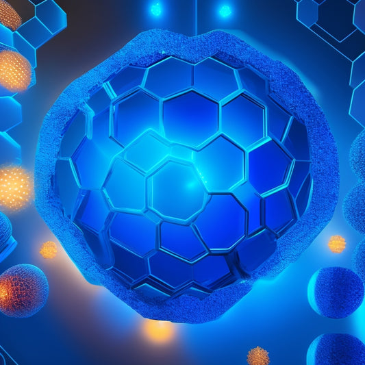 An illustration of a honeycomb with glowing, swirling lights within each hexagon, surrounded by orbiting globes, gears, and lightbulbs, set against a dark blue background with subtle grid patterns.