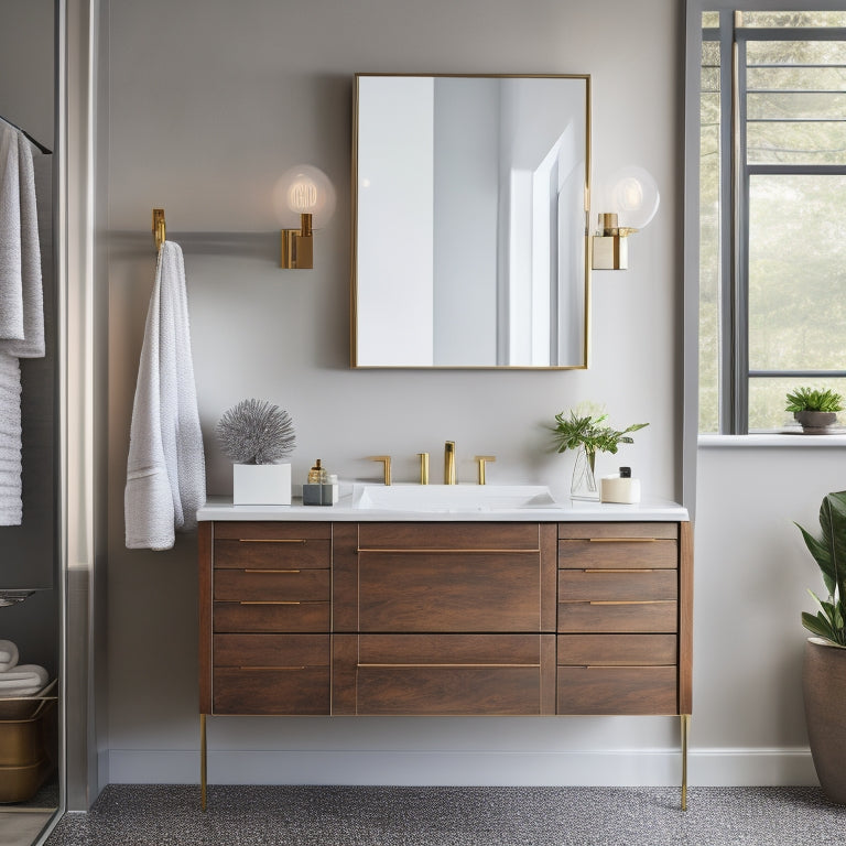 A sleek, modern bathroom with three wall-mounted vanities in different styles: a floating wooden cabinet, a minimalist glass shelf, and a ornate metal console, each with a unique faucet and mirror.