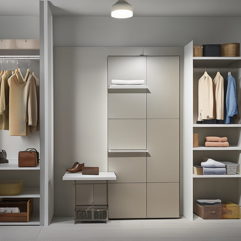 A tidy, well-lit room with a minimalist aesthetic, featuring a few carefully placed storage bins, a labeled shelving unit, and a few carefully hung garments on a pegboard.