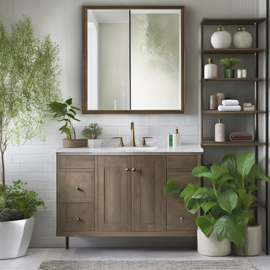 A modern bathroom with a sleek, white vanity featuring open shelves in a rich, dark wood tone, adorned with decorative jars, towels, and a few green plants, surrounded by creamy marble walls.