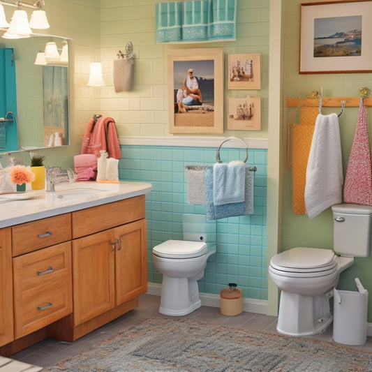 A clutter-free bathroom with a double sink vanity, storage cabinets, and a pegboard on the wall holding baskets, towels, and toilet paper, surrounded by happy family members in the background.