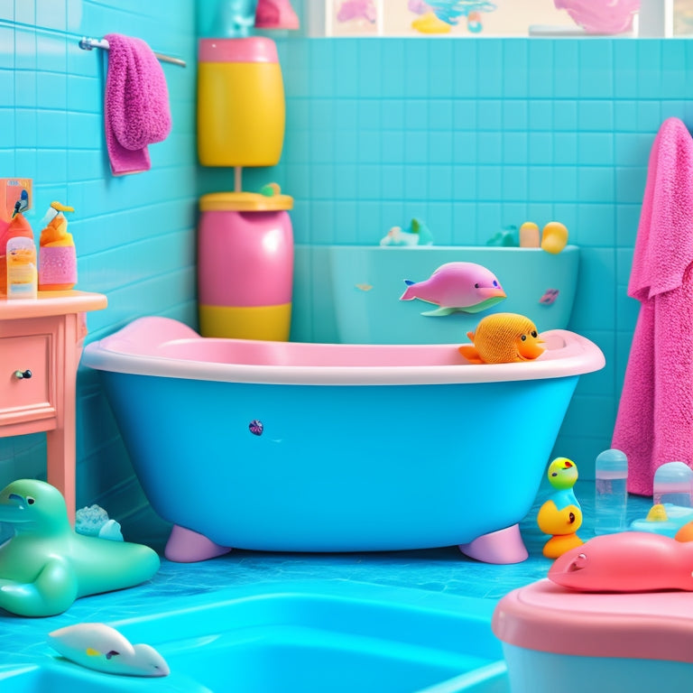 A playful, pastel-colored bathroom scene featuring a whale-shaped bath organizer filled with colorful toys and rubber ducks, surrounded by interactive stickers of sea creatures and ocean-inspired patterns.