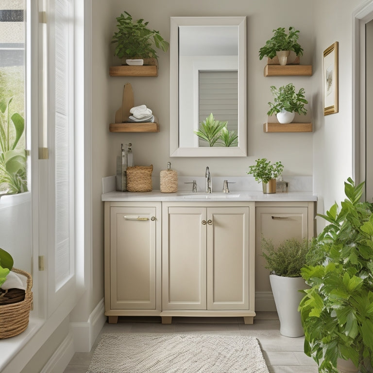 A serene, well-lit bathroom with a sleek, wall-mounted cabinet featuring adjustable shelves, soft-close drawers, and a mirrored door, surrounded by calming beige and white tones, with a few decorative towels and plants.