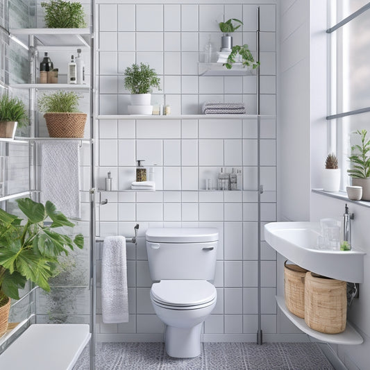 A modern bathroom with a sleek, wall-mounted shelving unit above the toilet, featuring three rectangular glass shelves and a chrome frame, surrounded by soft, white tiles and a botanical print.