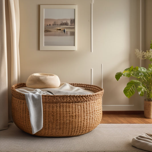 A serene, minimalist room with a tidy corner featuring a woven basket filled with neatly folded linens, surrounded by a few carefully placed decorative items and a subtle, natural-colored background.