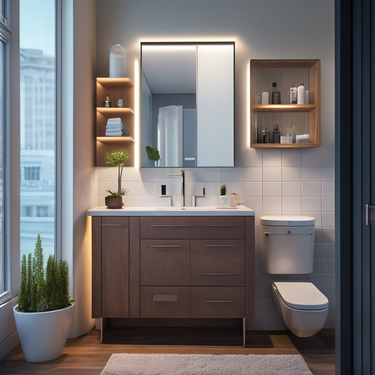 A sleek, modern bathroom with a wall-mounted cabinet featuring sliding glass doors, a recessed medicine cabinet with LED lighting, and a pedestal sink with a built-in storage drawer.