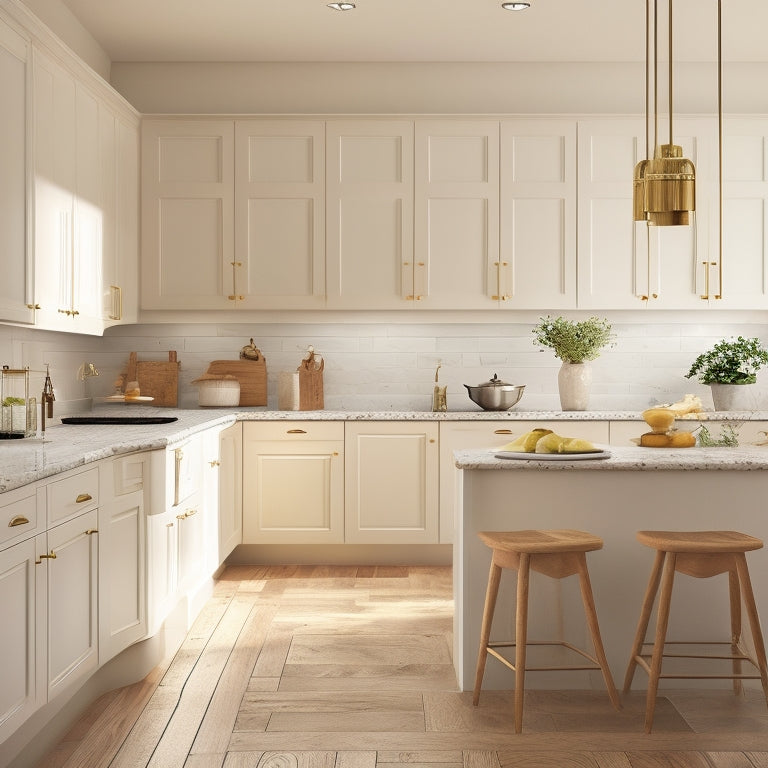 An interior design image depicting a kitchen with crisp white cabinets paired with a warm, beige limestone wall texture, surrounded by rich wood flooring and subtle, golden lighting.