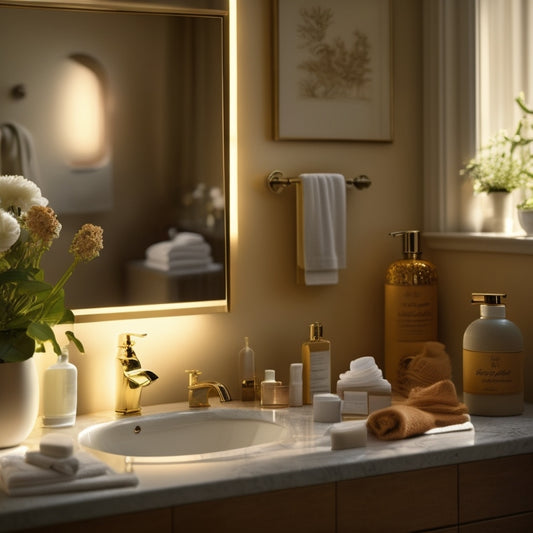 A serene bathroom scene with a large, framed cheat sheet on the wall, surrounded by neatly arranged toiletries and a few strategically placed morning essentials, bathed in warm, golden morning light.