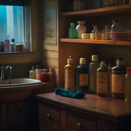 A dimly lit, cluttered bathroom cabinet with worn, wooden shelves, overflowing with dusty containers, expired products, and mysterious, unmarked bottles, surrounded by cobwebs and forgotten memories.