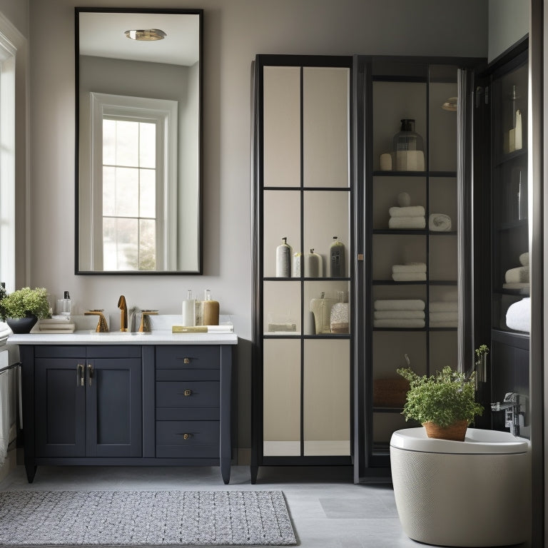 A serene bathroom scene with a floor-to-ceiling glass door cabinet in matte black frame, showcasing decorative bottles and towels, reflected in a large, wall-mounted mirror, surrounded by soft, cream-colored walls.