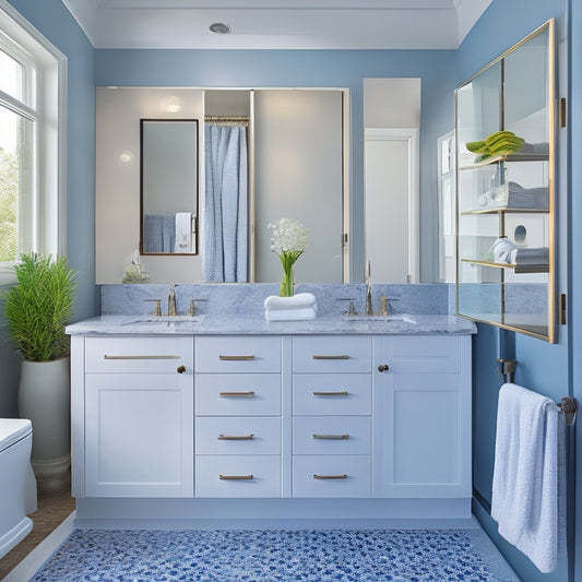 A bright, modern bathroom with a double sink vanity, featuring a wall-mounted cabinet with glass doors, a countertop with built-in soap dispensers, and a sliding drawer organizer beneath the sinks.