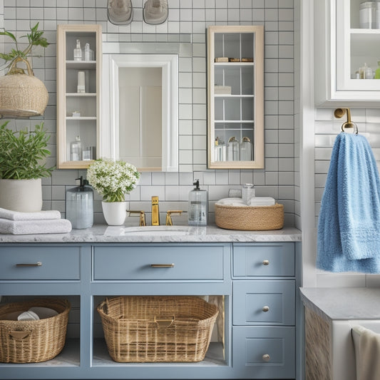 A tidy bathroom counter with a mirrored cabinet door ajar, revealing neatly stacked baskets, a tiered shelf, and a few strategically placed hooks, surrounded by a few toiletries and decorative accents.