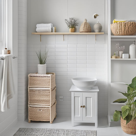 A serene bathroom with a sleek, white shelving unit mounted on a gray wall, holding three wicker baskets, a potted plant, and a few decorative items, amidst a clean, minimalist backdrop.