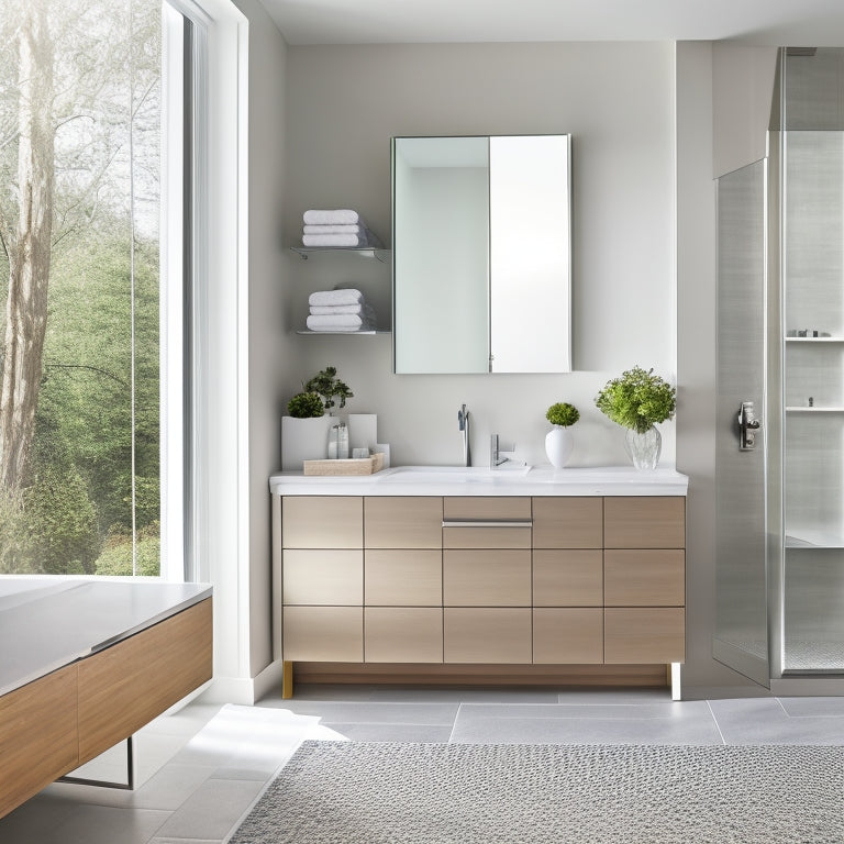 A serene, modern bathroom with a wall-mounted cabinet featuring glass doors, a sleek countertop with a built-in sink, and a floor-to-ceiling storage unit with woven baskets and chrome handles.