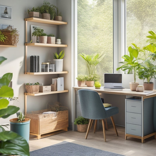 A tidy, modern home office with a desk, shelves, and a file cabinet, featuring colorful, minimalist labels on storage bins, folders, and jars, surrounded by lush green plants and warm, natural light.