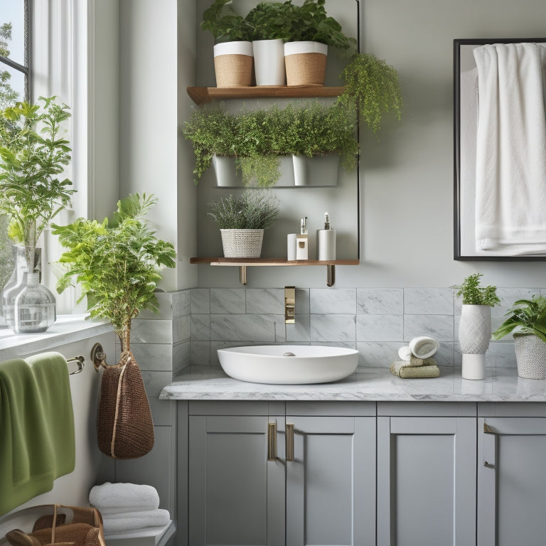 A serene, modern bathroom with a sleek, wall-mounted organizer above the sink, featuring multiple tiers, baskets, and hooks, holding toiletries, towels, and decorative plants, amidst a calming white and gray color scheme.