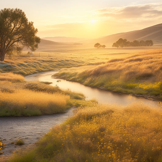 A serene landscape of Still Creek Ranch at dawn, with a few volunteers in the distance, surrounded by rolling hills, wildflowers, and a meandering creek, under a warm, golden light.