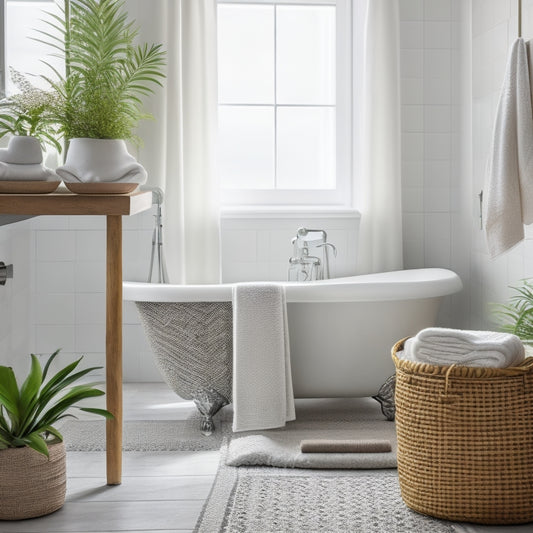 A serene bathroom with a freestanding tub, surrounded by a woven basket, a chrome towel rack, and a minimalist shelf holding a few rolled towels and a potted orchid.