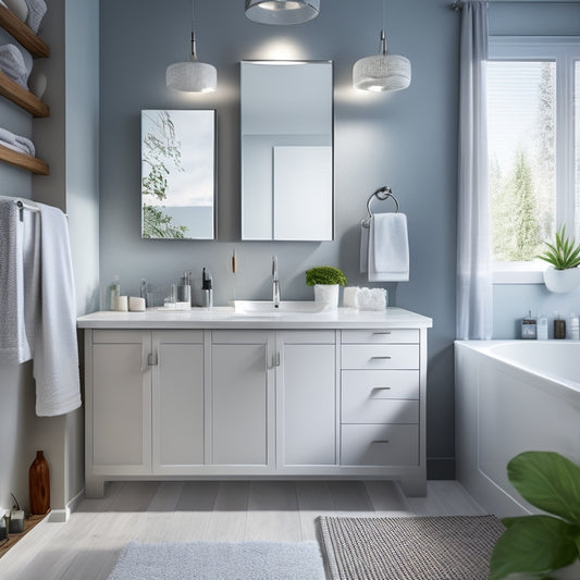 A modern bathroom with a large mirror and sleek fixtures, featuring a variety of wall-mounted storage units, including a recessed medicine cabinet, a towel rack, and a basket shelf.