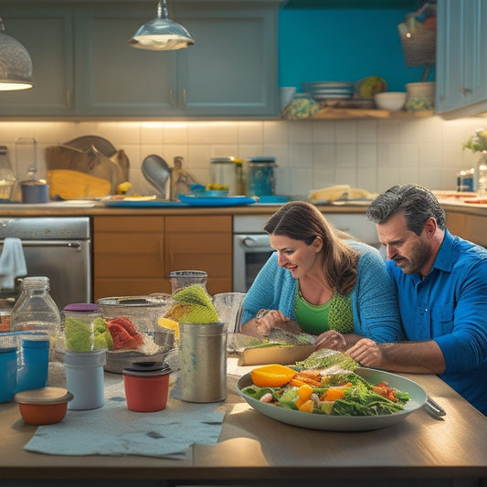 A cluttered kitchen countertop with scattered kitchen utensils, expired coupons, and crumpled papers, surrounded by dirty dishes and empty takeout containers, with a blurred background of a tired-looking couple in the distance.