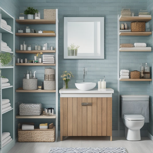 A stylized illustration of a modern bathroom with a mix of open and closed shelving units, woven baskets, and decorative containers, showcasing creative storage solutions for toiletries and linens.