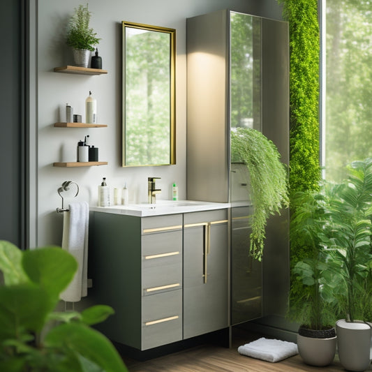 A sleek, modern bathroom featuring a stylish mirrored cabinet above a minimalist sink, with soft lighting reflecting off the surfaces, lush greenery in the background, and organized toiletries showcased within the cabinet.