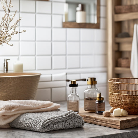 A serene bathroom scene with a mix of modern and rustic elements: a wooden vanity with metal hardware, a woven basket, and a few decorative glass jars on a marble countertop.