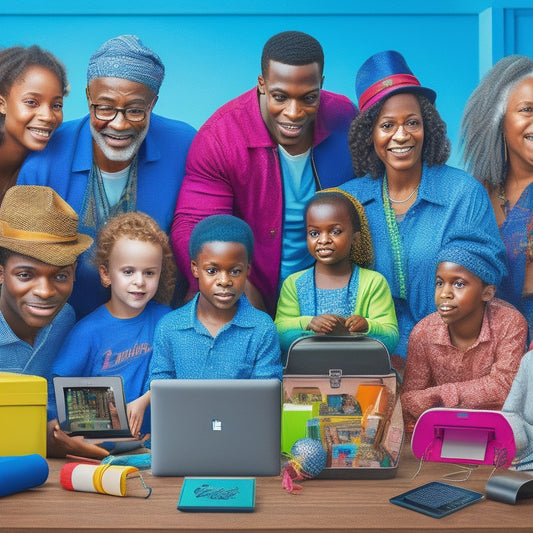 A vibrant, colorful illustration of a treasure chest overflowing with e-tablets, laptops, and headphones, surrounded by diverse family members of different ages engaged in various educational activities.