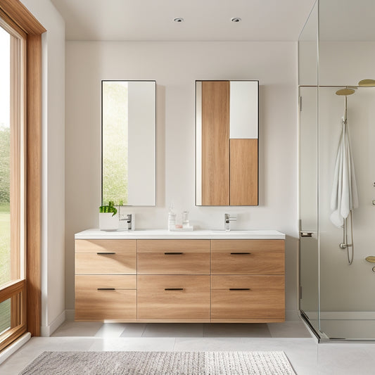 A minimalist bathroom with a large mirror, sleek countertops, and a modern wall cabinet in a warm wood tone with recessed lighting, surrounded by creamy white walls and polished chrome fixtures.