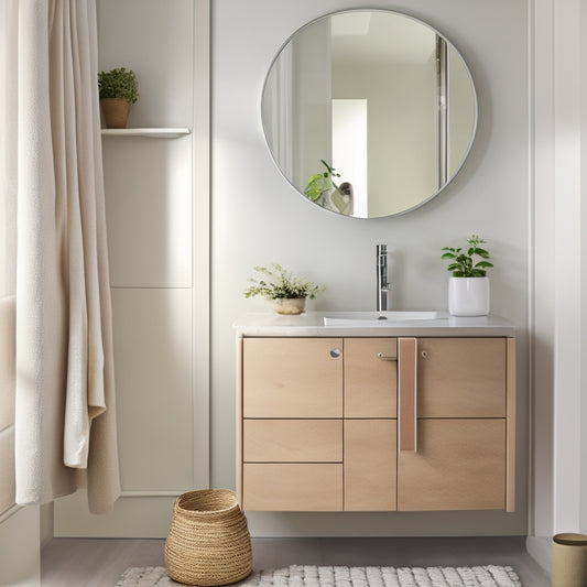 A serene, modern bathroom with a sleek pedestal sink, surrounded by clever storage solutions: a wall-mounted cabinet with a mirrored door, a woven basket underneath the sink, and a minimalist shelf with rolled towels.