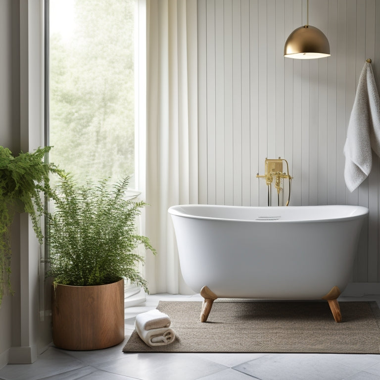 A serene, modern bathroom with a freestanding tub, surrounded by lush greenery, featuring a floating shelf with rolled towels, a woven basket, and a minimalist faucet, set against a calming, soft-gray background.